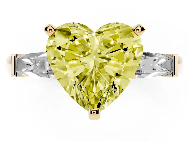 Heart-Shaped Three Stone Engagement Ring Setting for a Fancy Yellow Lab-Grown Diamond | Tapered Baguettes | Yellow Gold