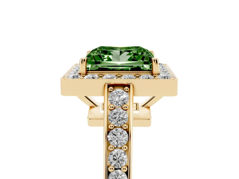 Fancy Green Princess Cut Diamond Halo Pavé Engagement Ring Set in Yellow gold with Bezel Setting