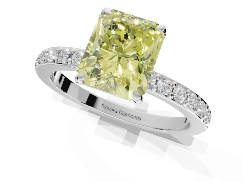 Radiant Cut Hidden Halo Engagement Ring Setting for a Fancy Yellow Lab-Grown Diamond | Pavé Band | Platinum