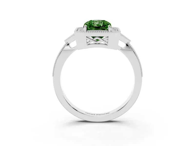 Fancy Green Radiant Cut Diamond Halo Engagement Ring Set in Silver with Milgrain Pavé Band