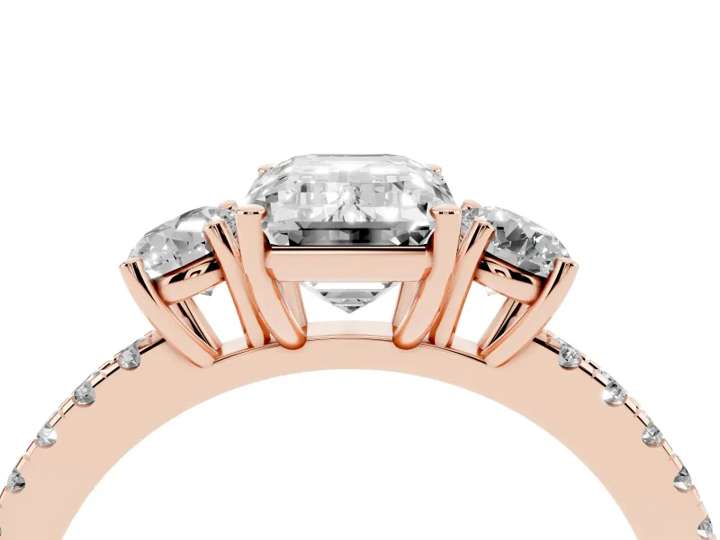 Emerald Cut Three Stone Engagement Ring Setting | Pave Shoulders | Rose Gold
