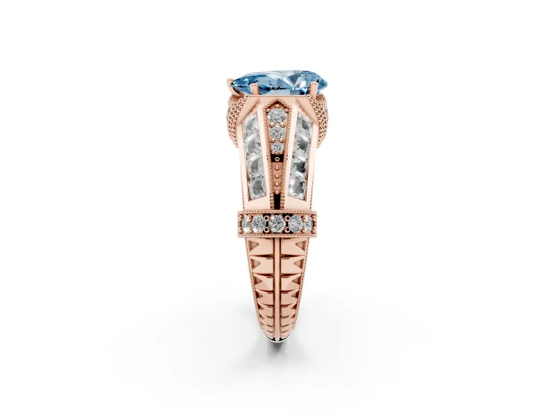 Fancy Blue Pear Cut Diamond Vintage-Inspired Milgrain Ring Set in Rose gold with Accent Split Shank