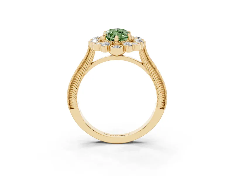 Marquise Scalloped Halo Engagement Ring Setting for a Fancy Green Lab-Grown Diamond | Milgrain Edges | Yellow Gold