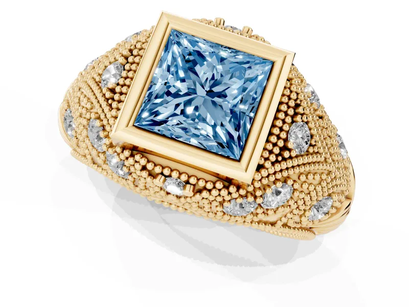 Fancy Blue Princess Cut Diamond Bezel Ring Set in Yellow gold with Milgrain Accent Band