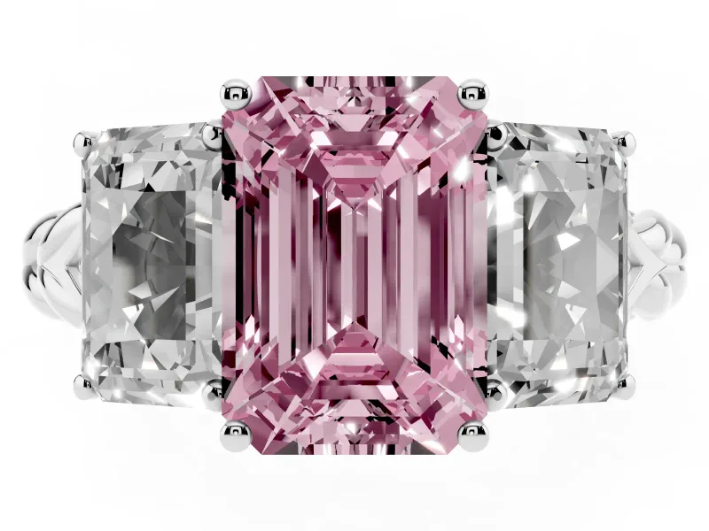 Fancy Pink Emerald Cut Diamond Three-Stone Ring Set in White gold with Braided Band