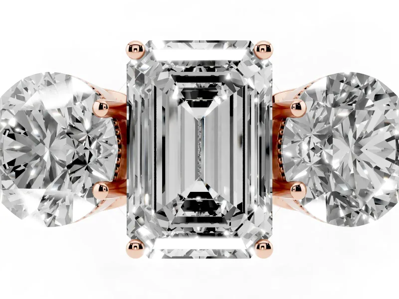 Emerald Cut Diamond Three-Stone Engagement Ring Set in Rose gold with Polished Band