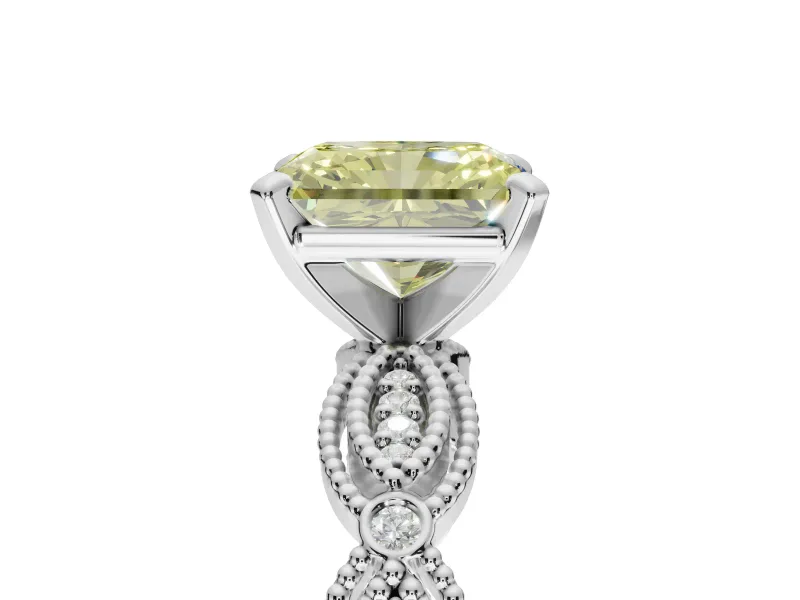 Radiant Cut Vintage Engagement Ring Setting for a Fancy Yellow Lab-Grown Diamond | Graduated Stations | Platinum