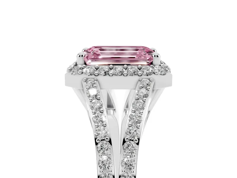 Emerald Cut Halo Engagement Ring Setting for a Fancy Pink Lab-Grown Diamond | V-Split Pavé Band | Sterling Silver