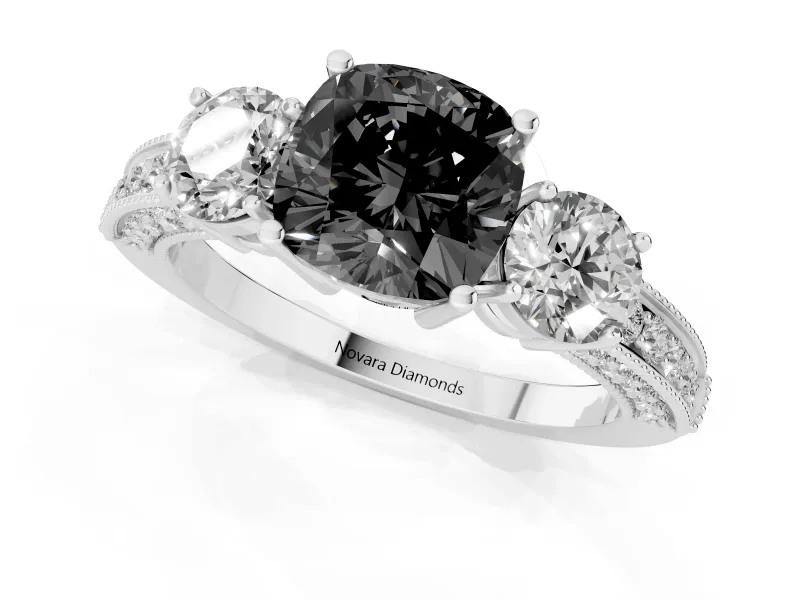 Fancy Black Cushion Cut Diamond Three-Stone Ring Set in Platinum with Round Side Stones and Pavé Band