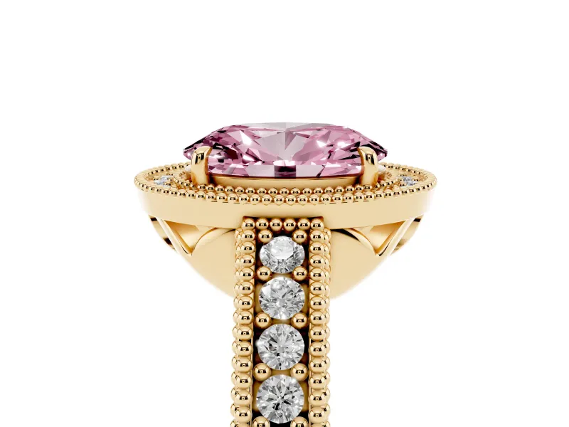 Fancy Pink Oval Cut Diamond Halo Ring Set in Yellow gold with Round Accent Halo, Pavé Band and Prong Setting