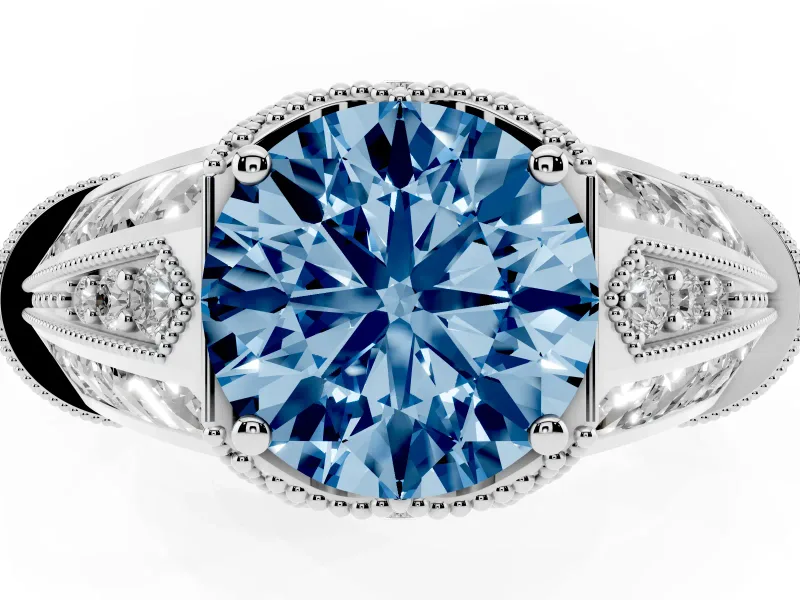 Fancy Blue Round Cut Diamond Vintage-Inspired Milgrain Ring Set in Silver with Accent Split Shank