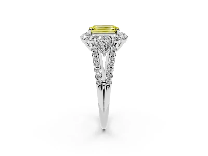 Fancy Yellow Emerald Cut Diamond Halo Split Shank Engagement Ring Set in Platinum with Prong-Held Center Stone