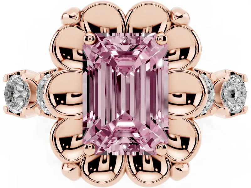 Emerald Cut Floral Engagement Ring Setting for a Fancy Pink Lab-Grown Diamond | Petal Frame and Side Stones | Rose Gold