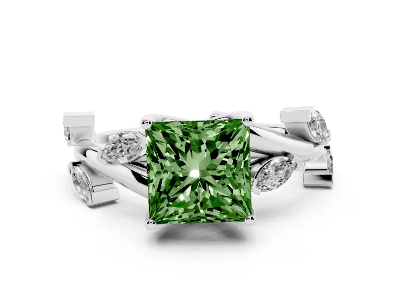 Fancy Green Princess Cut Diamond Solitaire Ring Set in White gold with Twisted Marquise Accent Band