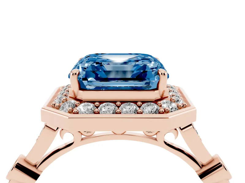 Asscher Cut Halo Engagement Ring Setting for a Fancy Blue Lab-Grown Diamond | Bezel Station Shoulders | Rose Gold