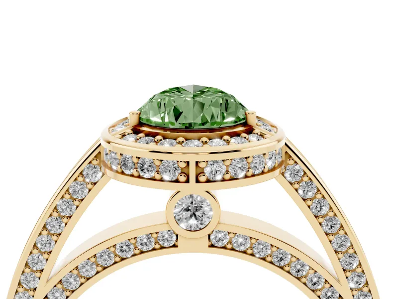 Fancy Green Pear Cut Diamond Halo Pavé Split Shank Ring Set in Yellow gold with Prong Setting