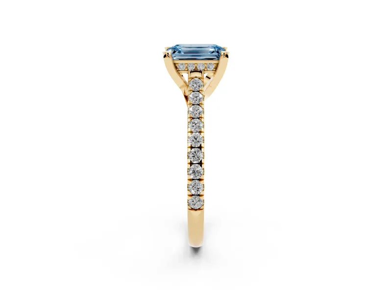 Emerald Cut Hidden Halo Pave Engagement Ring Setting for a Fancy Blue Lab-Grown Diamond | Claw Prongs | Yellow Gold