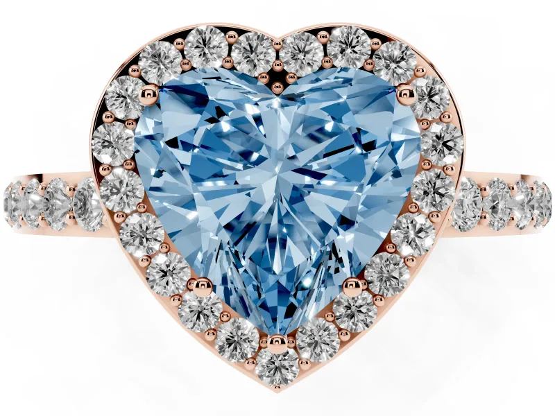 Fancy Blue Heart Cut Diamond Halo Ring Set in Rose gold with Pavé-Setting Band and Open Prong Center