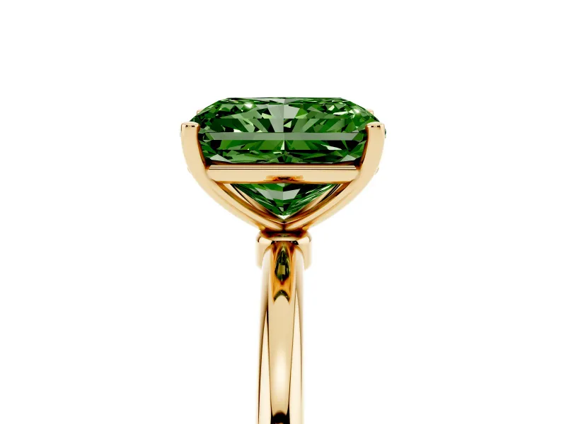 Fancy Green Radiant Cut Diamond Solitaire Engagement Ring Set in Yellow gold with Thin Band and Prong Setting