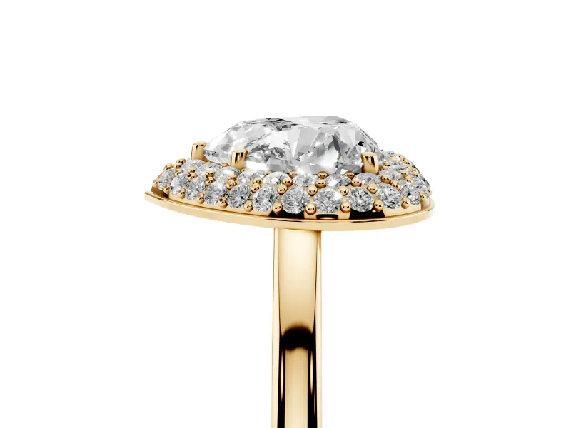Heart Cut Diamond Halo Engagement Ring Set in Yellow gold with Solitaire Band and Prong Setting