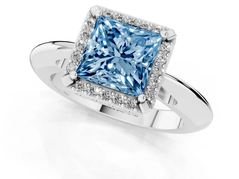 Fancy Blue Princess Cut Diamond Halo Engagement Ring Set in White gold with Plain Split Shank and Prong Setting