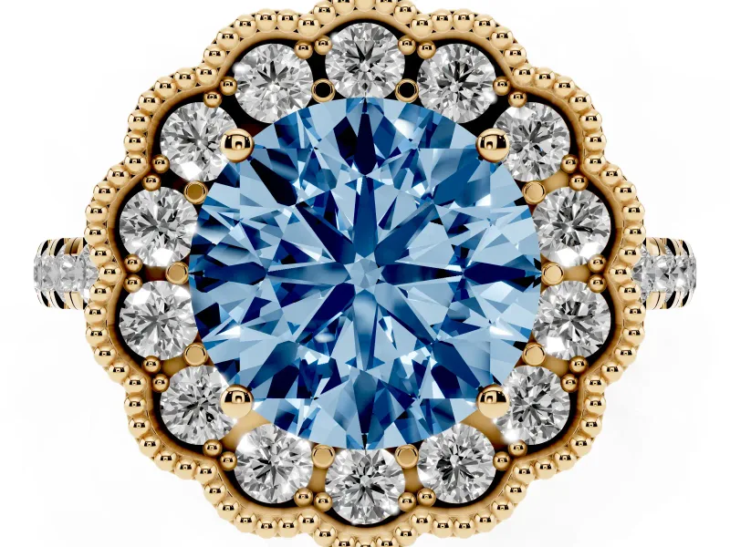 Fancy Blue Round Cut Diamond Milgrain Floral Halo Engagement Ring Set in Yellow gold with Pavé Band