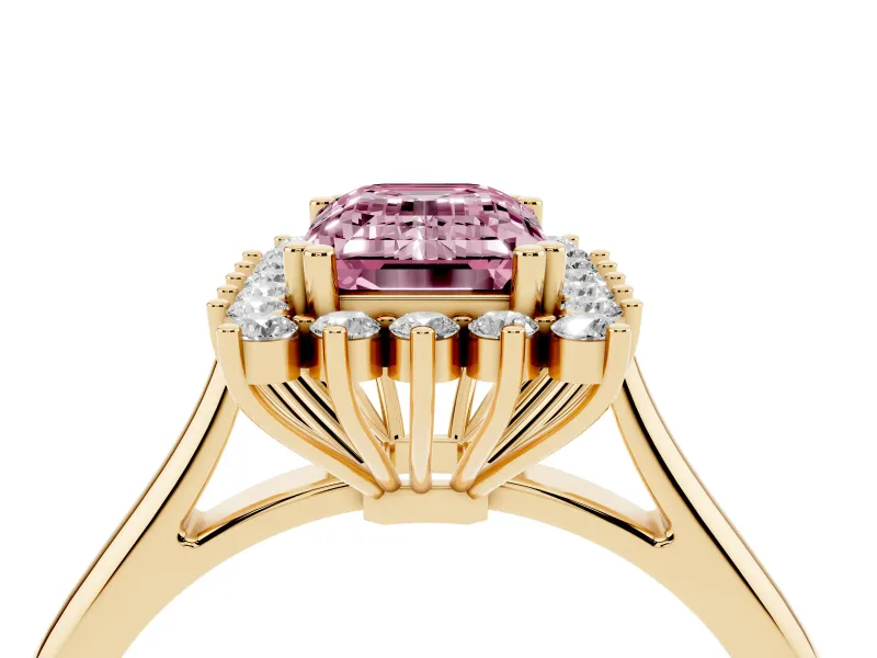 Fancy Pink Emerald Cut Diamond Halo Ring Set in Yellow gold with Plain Solitaire Band and Prong Setting