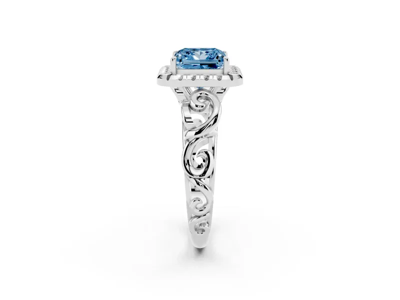 Fancy Blue Princess Cut Diamond Halo Ring Set in Silver with Scrollwork Band and Prong Setting
