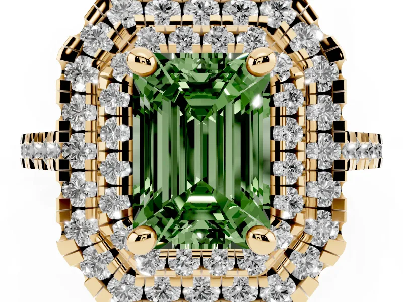 Fancy Green Emerald Cut Diamond Double Halo Statement Ring Set in Yellow gold with Pavé Band