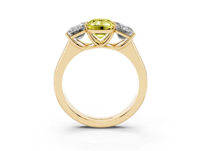 Emerald Cut Three Stone Engagement Ring Setting for a Fancy Yellow Lab-Grown Diamond | Basket Prong Heads | Yellow Gold