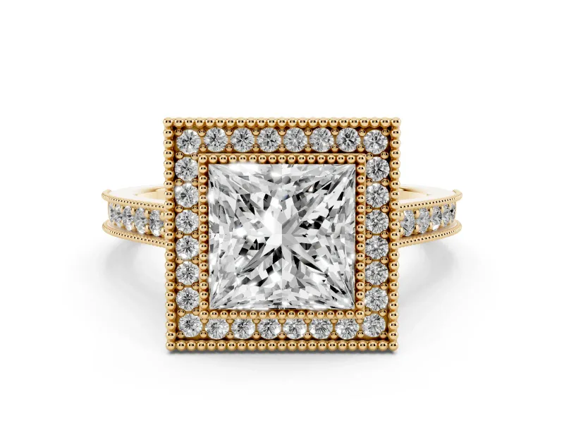 Princess Cut Diamond Halo Milgrain Pavé Band Ring Set in Yellow gold with Prong Setting