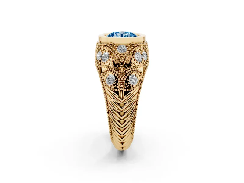 Round Vintage Bezel Engagement Ring Setting for a Fancy Blue Lab-Grown Diamond | Yellow Gold