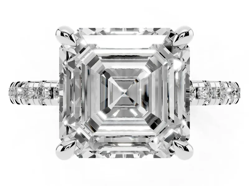 Asscher Cut Diamond Brilliant Solitaire Ring Set in Silver with Pavé Band and Prong Setting