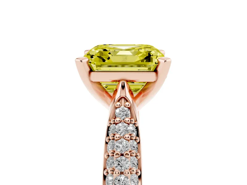 Fancy Yellow Asscher Cut Diamond Solitaire Engagement Ring Set in Rose gold with Multi-Row Round Pavé Band and Prong Setting