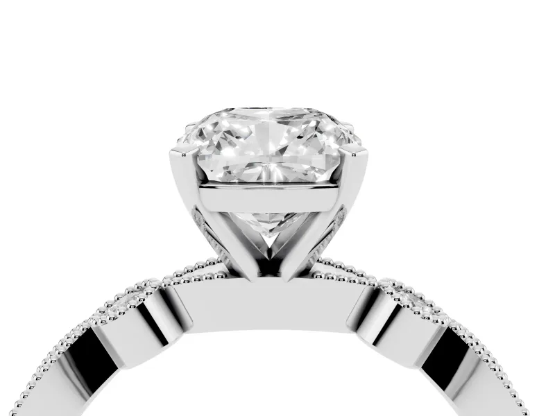 Cushion Cut Diamond Solitaire Engagement Ring Set in Silver with Milgrain Bezel Accent Band