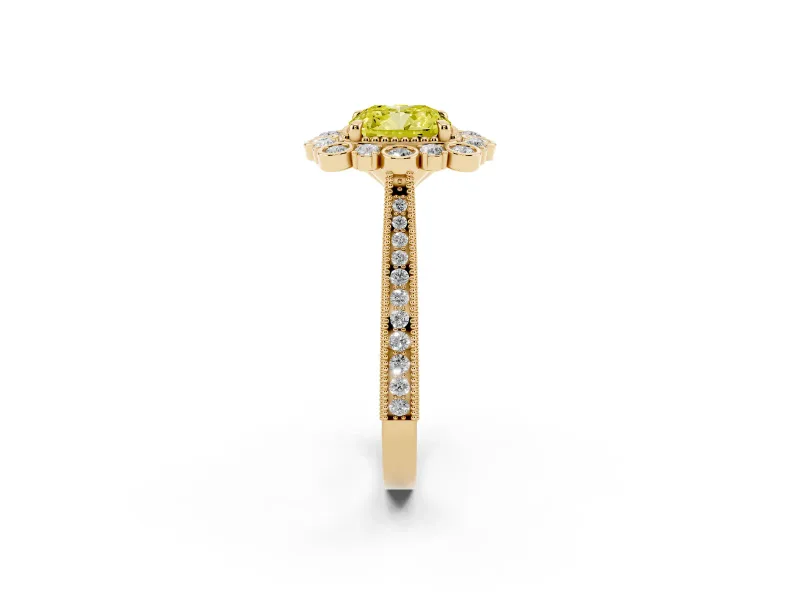 Cushion Cut Scalloped Halo Engagement Ring Setting for a Fancy Yellow Lab-Grown Diamond | Milgrain Edges | Yellow Gold