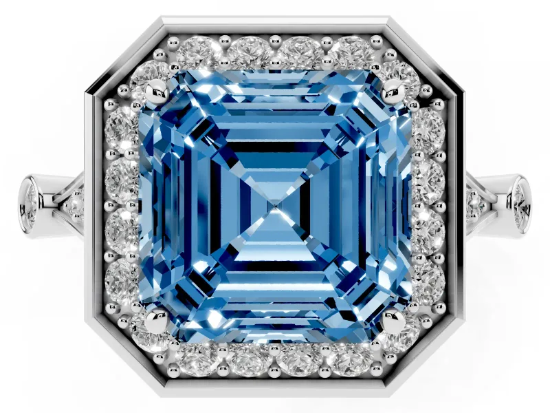 Asscher Cut Halo Engagement Ring Setting for a Fancy Blue Lab-Grown Diamond | Bezel Station Shoulders | Sterling Silver