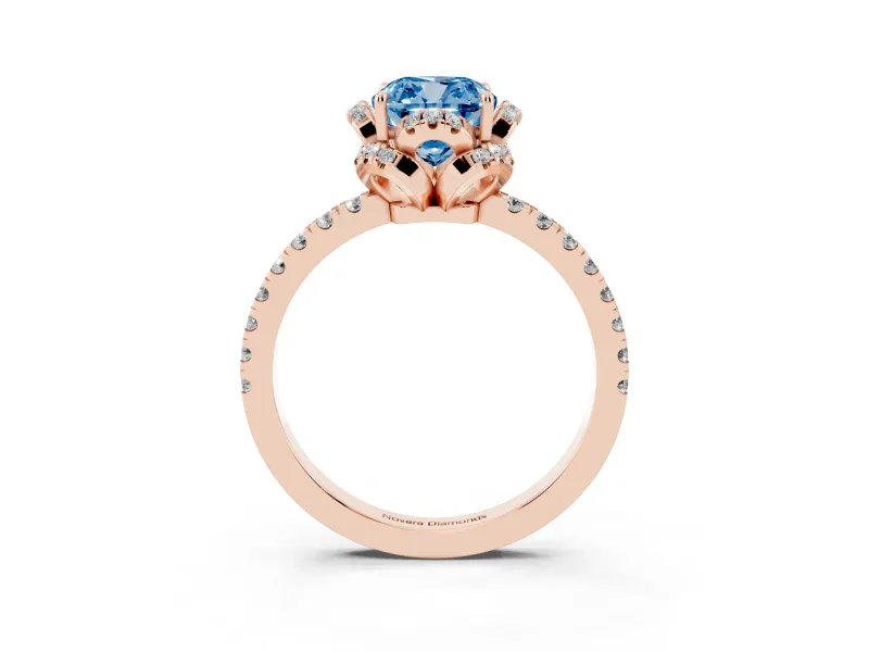 Fancy Blue Cushion Cut Diamond Halo Pavé Band Ring Set in Rose gold with Prong-Held Center