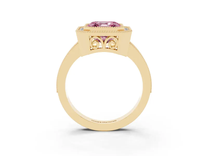 Asscher Cut Milgrain Halo Engagement Ring Setting for a Fancy Pink Lab-Grown Diamond | Yellow Gold