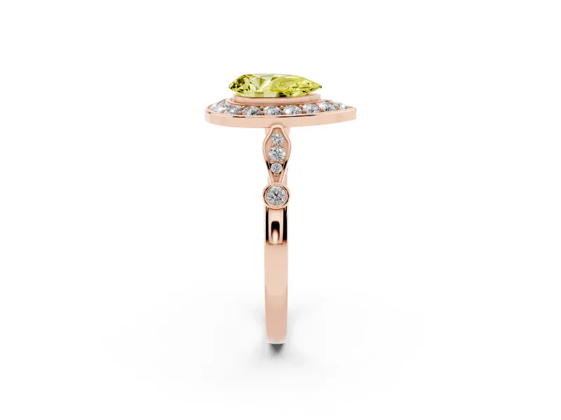 Fancy Yellow Pear Cut Diamond Halo Engagement Ring Set in Rose gold with Twisted Band and Prong Setting