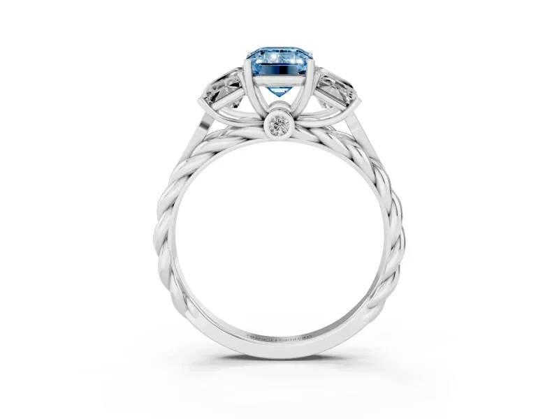 Fancy Blue Emerald Cut Diamond Three-Stone Ring Set in Platinum with Braided Band