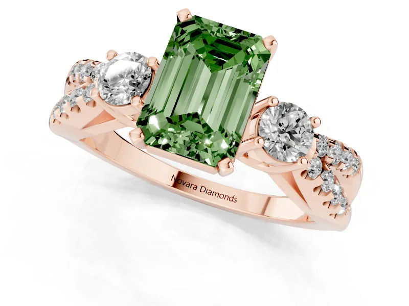 Fancy Green Emerald Cut Diamond Three-Stone Ring Set in Rose gold with Pavé Split Shank and Prong Setting