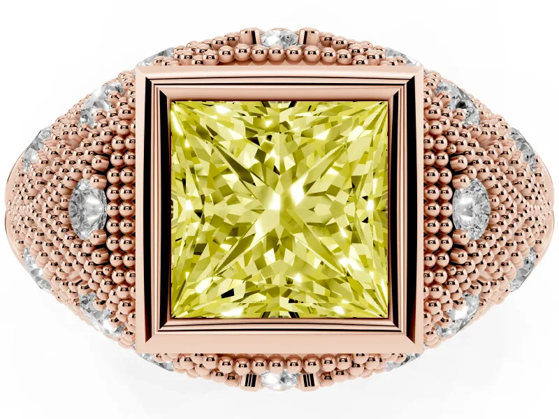 Fancy Yellow Princess Cut Diamond Bezel Ring Set in Rose gold with Milgrain Accent Band