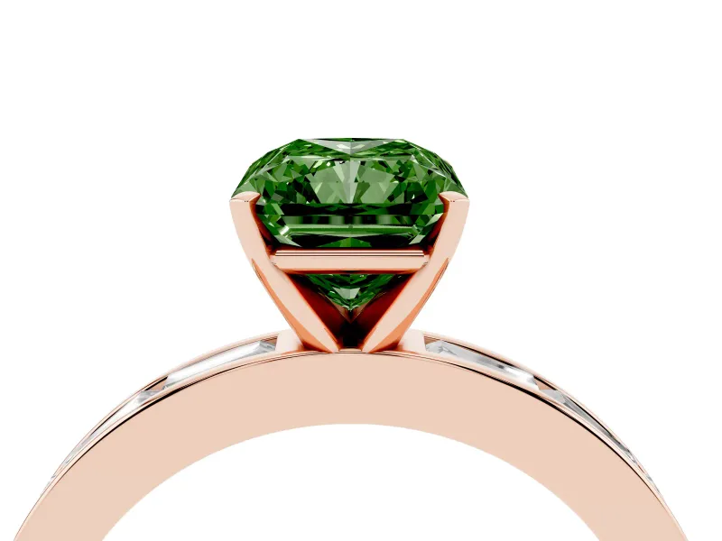 Fancy Green Radiant Cut Diamond Solitaire Ring Set in Rose gold with Channel-Set Baguette Band and Prong Setting