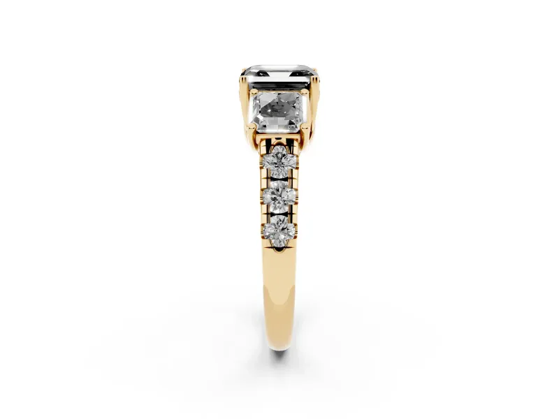 Asscher Cut Three Stone Engagement Ring Setting for a Black Center | Accented Shoulders | Yellow Gold