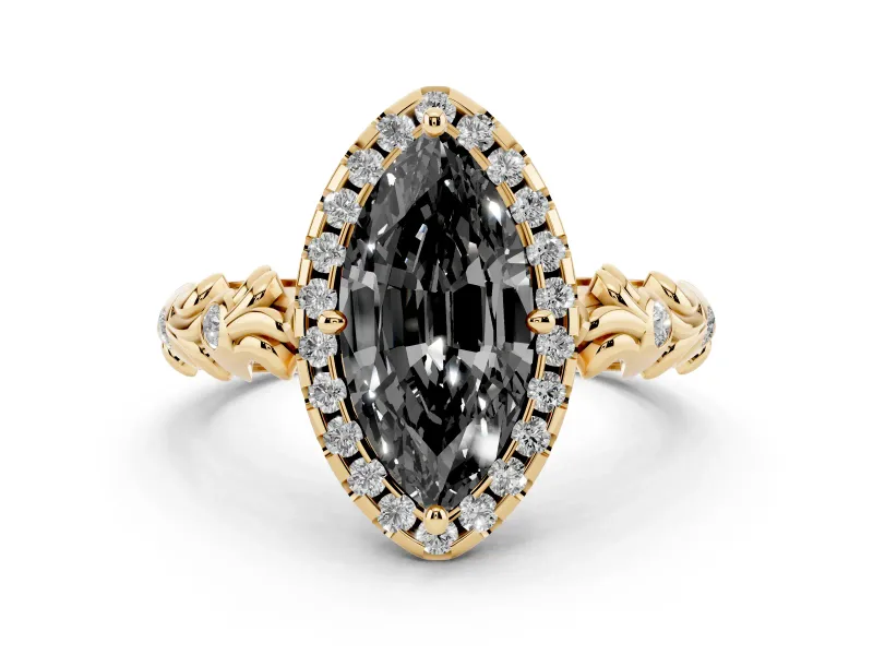 Fancy Black Marquise Cut Diamond Halo Ring Set in Yellow gold with Filigree Leaf Band and Prong Setting