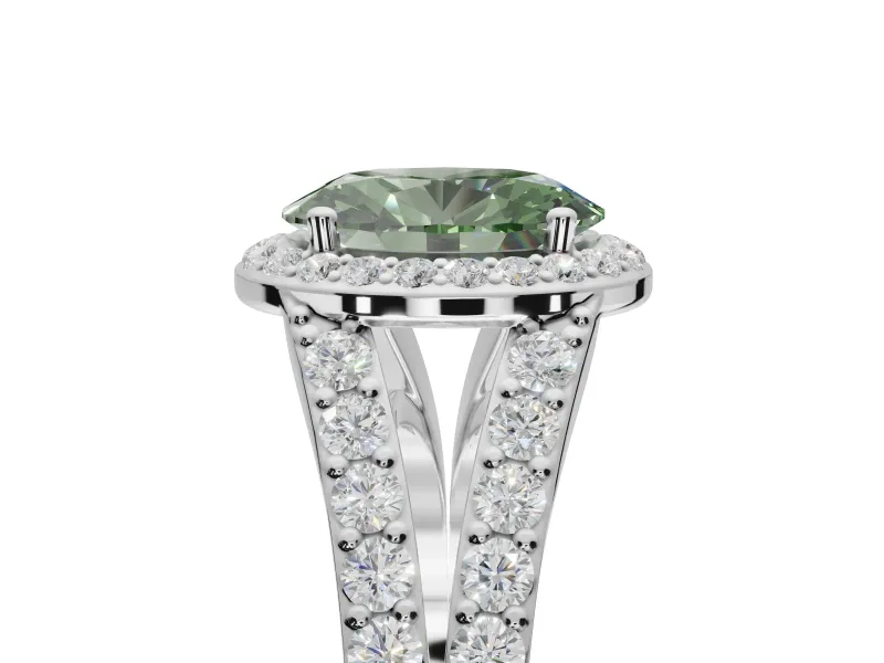 Oval Halo Pavé Engagement Ring Setting for a Fancy Green Lab-Grown Diamond | Narrow Split Shank | Sterling Silver