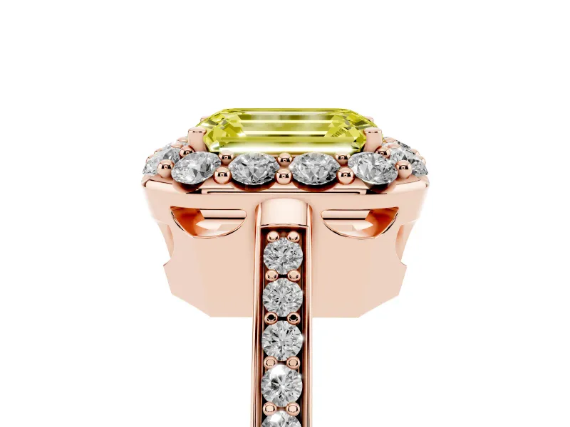 Emerald Cut Floral Halo Engagement Ring Setting for a Fancy Yellow Lab-Grown Diamond | Large Round Accents | Rose Gold