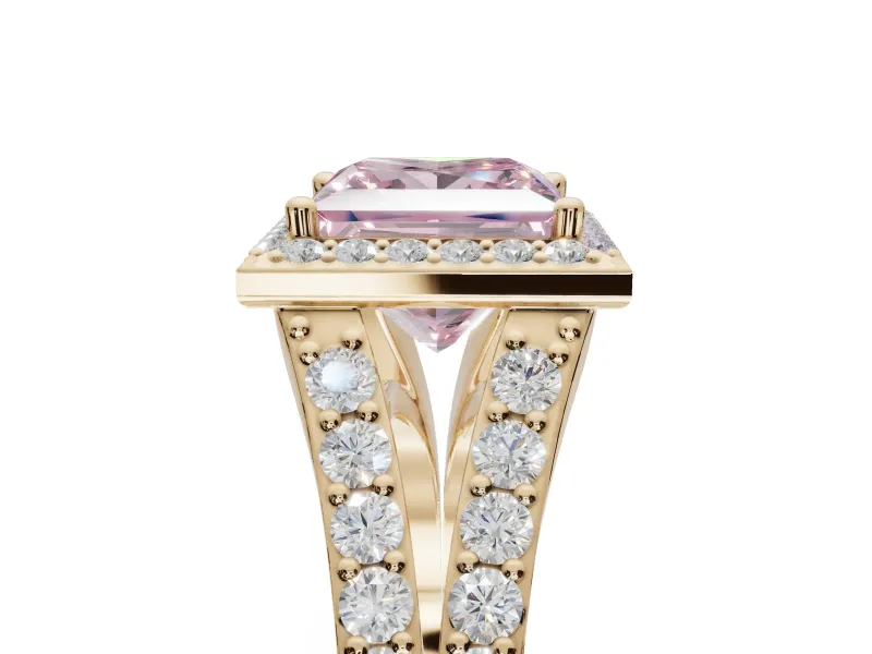 Princess Cut Halo Pavé Engagement Ring Setting for a Fancy Pink Lab-Grown Diamond | Narrow Split Shank | Yellow Gold