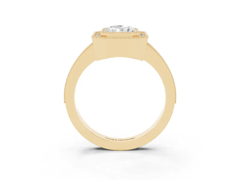 Radiant Cut Diamond Halo Engagement Ring Set in Yellow gold with Pavé Band and Round Halo Stones